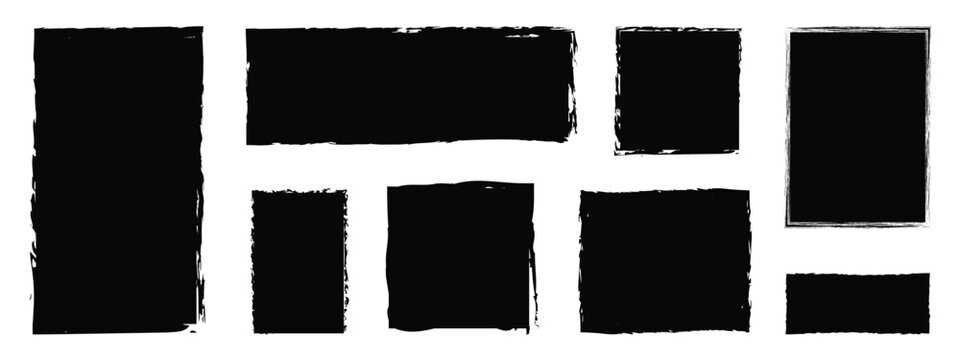 Rectangle Brush stroke, ink paint brush, grunge box. Black square shapes with brush borders on white background. Vintage grunge boxes for collage, text, banner, sticker, poster design.