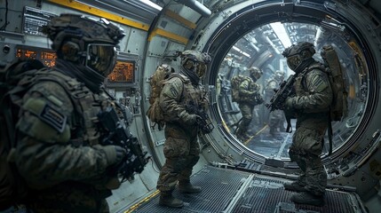 Fototapeta premium Advanced military training in zero gravity soldiers engage in futuristic drills aboard spacecraft