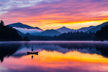 Fototapeta premium Serene Sunset Over Mountain Lake with Canoe and Reflective Waters