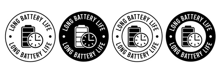 Long battery life icon set. Long battery life logo, label, badge, symbol, banner, line, flat vector, isolated illustration. Long lasting icons. Long battery life label for product packaging design.