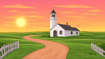 Naklejka premium Serene Sunset Over a Country Church and Winding Road