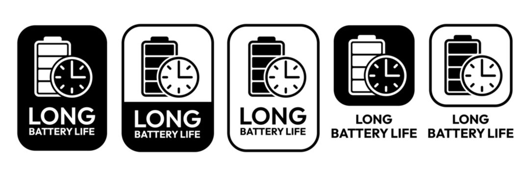 Long battery life icon set. Long battery life logo, label, badge, symbol, banner, line, flat vector, isolated illustration. Long lasting icons. Long battery life label for product packaging design.