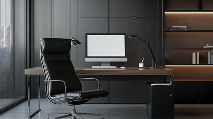 Modern office desk with blank screen computer monitor, Ai generated Images.