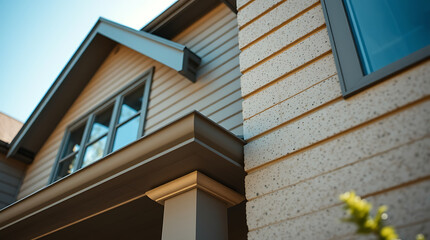 Close-up view of a house exterior showcasing light beige horizontal siding, a dark brown rain gutter and fascia, and a multi-paned window.  Part of a second, textured light beige wall is visible.