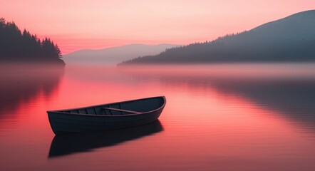 Serene Sunset Over Calm Lake with Solitary Rowboat in Mist