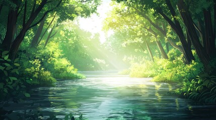 Fototapeta premium Serene River in a Lush Forest: A Digital Painting of Tranquil Nature