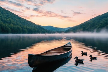 Fototapeta premium Serene Canoe on Calm Lake with Ducks at Sunrise in Nature