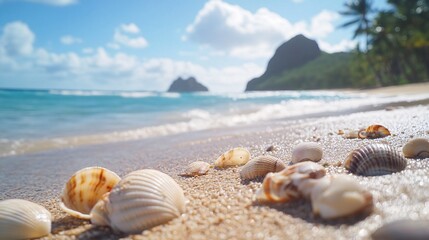 Seashells on Sandy Beach with Ocean Waves and Tropical Landscape