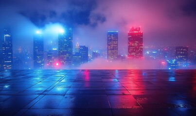 A vibrant city skyline at night, shrouded in mist with colorful lights reflecting on a wet surface.