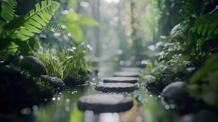 Fototapeta premium Serene Stepping Stones Path in Lush Tropical Rainforest Tranquil Nature Scene