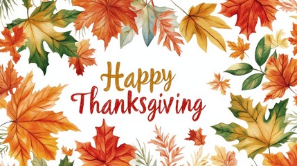 Happy Thanksgiving Watercolor Autumn Leaves Festive Design