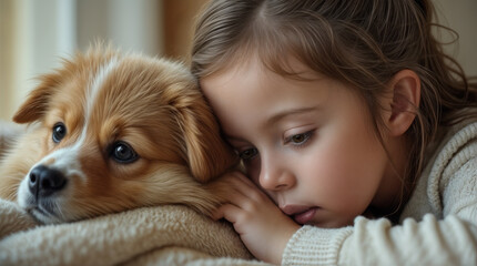 Young girl and fluffy dog lying together. A cozy bond, tender moment, friendship, companionship, innocence, love. A child and her pet. Emotional connection, affectionate, peaceful mood.