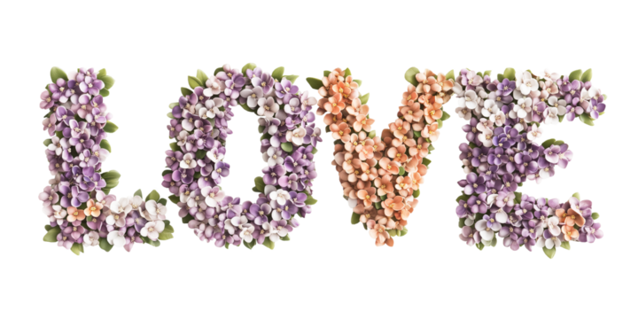 Floral Typography of Love with Blossoms Against Transparent Background