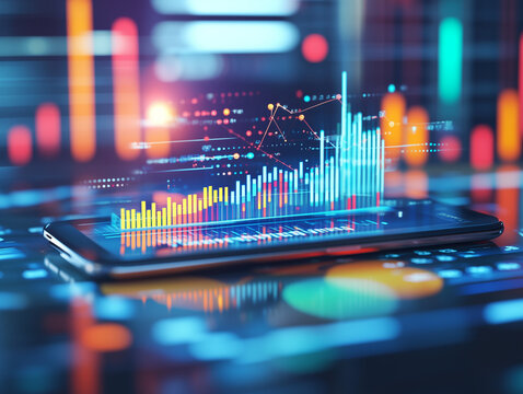 Application of Smartphone with business graph and analytics data on isometric mobile phone. Analysis trends and software development coding process concept. Programming, testing cross platform code