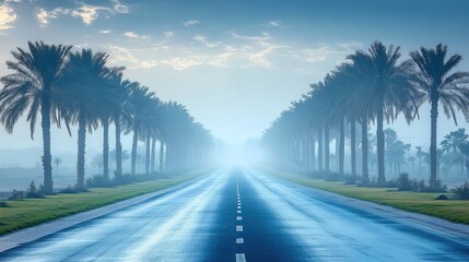 A serene road lined with palm trees, shrouded in mist, creating a tranquil and inviting atmosphere.