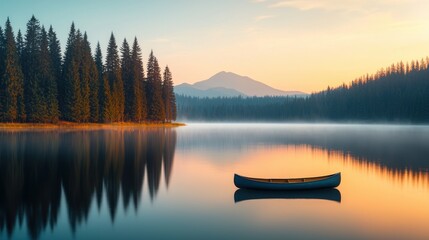 Obraz premium Serene Lake Reflection at Dawn with Canoe and Mountain View