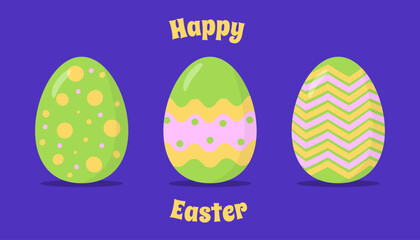 Three bright Easter eggs with unique patterns on a purple background, celebrating Easter with vibrant colors and cheerful designs