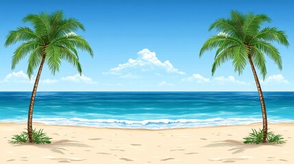 Obraz premium Idyllic tropical beach scene with two palm trees framing a tranquil ocean