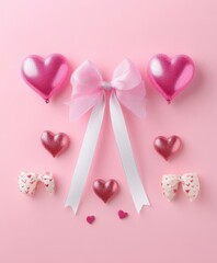 A whimsical display of vibrant hearts and a delicate bow dance joyfully on a soft pink backdrop, capturing the essence of love and celebration.