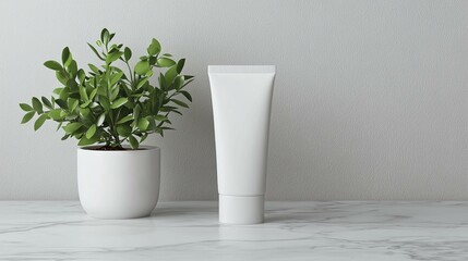Nurturing greenery minimalistic plant arrangement with skincare tube on marble surface indoor still life natural aesthetics