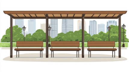 Fototapeta premium Urban park shelter with three benches offering shade and respite