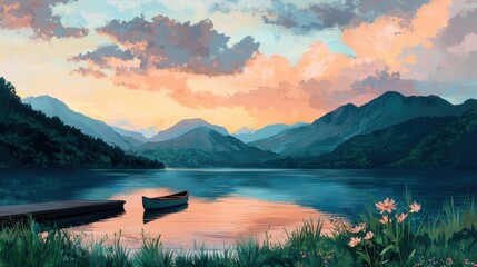 Obraz premium Serene Lake View at Dusk with Boat and Colorful Sky Reflections