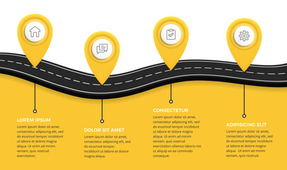 Infographic template with asphalt road and four map markers with icons, vector eps10 illustration © PixMarket