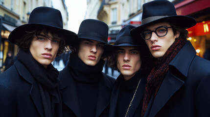 Obraz premium Old photo of several young men taking a group photo on the street