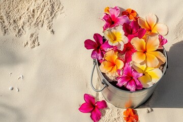 Tropical Flowers in Bucket on Sandy Beach
