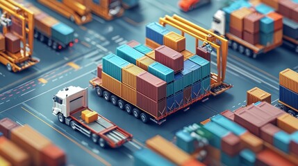 Fototapeta premium Logistics hub showcasing shipping containers and trucks in a busy transport area