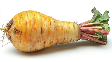 Close-up of a Pale Yellow Root Vegetable with Soil and Leaves