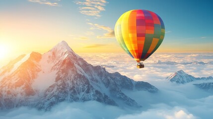 Obraz premium Vibrant hot air balloon soaring above a snow-capped mountain peak at sunrise
