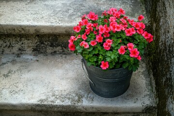 Pink flowers bloom in a metal bucket on stone steps
