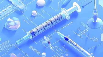 Medical Syringes and Pharmaceutical Products On A Blue Background