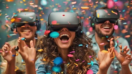 A group of people wearing VR headsets celebrate with confetti falling around them.