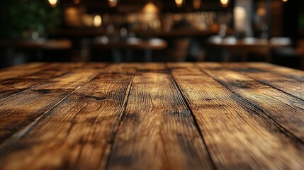 A close-up view of a rustic wooden table with a blurred restaurant background, suggesting a cozy dining atmosphere.