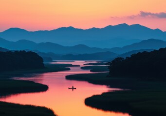 Obraz premium Serene River at Sunset with Silhouetted Mountains and Calm Waters