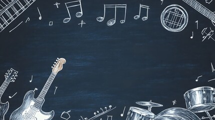 Musical Instruments and Notes on a Dark Background