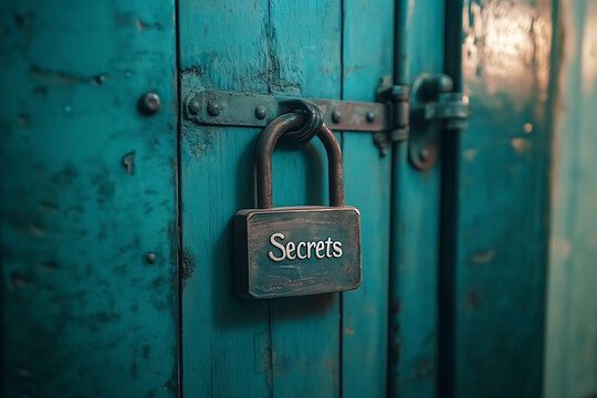 Barn padlock on an old door with the inscription secrets abstract background.