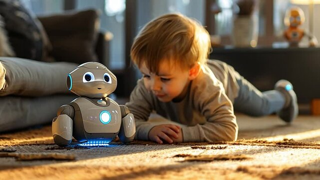 A young child is lying on the floor, engaging with a small robot designed for interaction, surrounded by soft textures in a warmly lit living space.