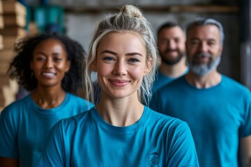 Fototapeta premium Portrait of happy diverse volunteers working at community center and looking at camera. Generative AI
