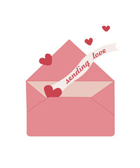 Simple Valentines Day card set with envelope. Flat vector hearts hand drawn doodle. Simple, minimalistic, holiday card.