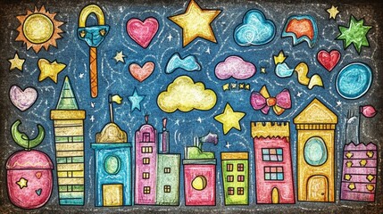 Obraz premium Whimsical cityscape at night with colorful hearts, stars, and clouds