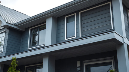 Modern House Exterior with Gray Siding and Multiple Windows