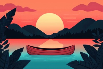 Serene Sunset Over Calm Lake with Red Boat and Mountain View