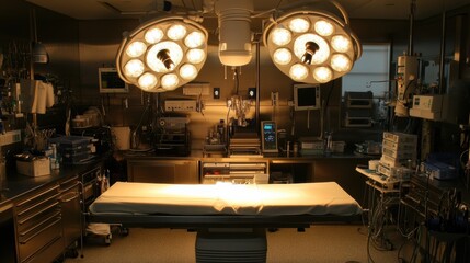 A well-equipped surgery room with bright surgical lights, an operating table, and advanced medical devices arranged neatly
