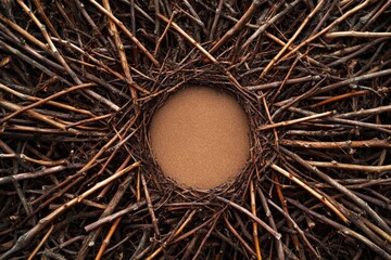 Fototapeta premium Twigs forming a circular frame around sand