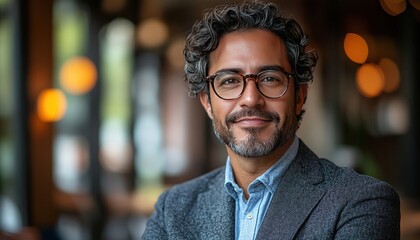 Obraz premium Man in glasses smiles, arms crossed, in a blurred room, for a profile use