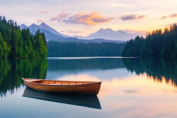 Obraz premium Serene Wooden Boat on Calm Lake Surrounded by Majestic Mountains