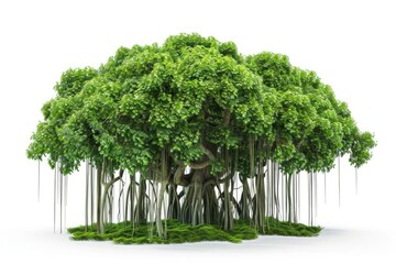 Clear Pixel Picture of Banyan Tree with Aerial Roots on a White Background